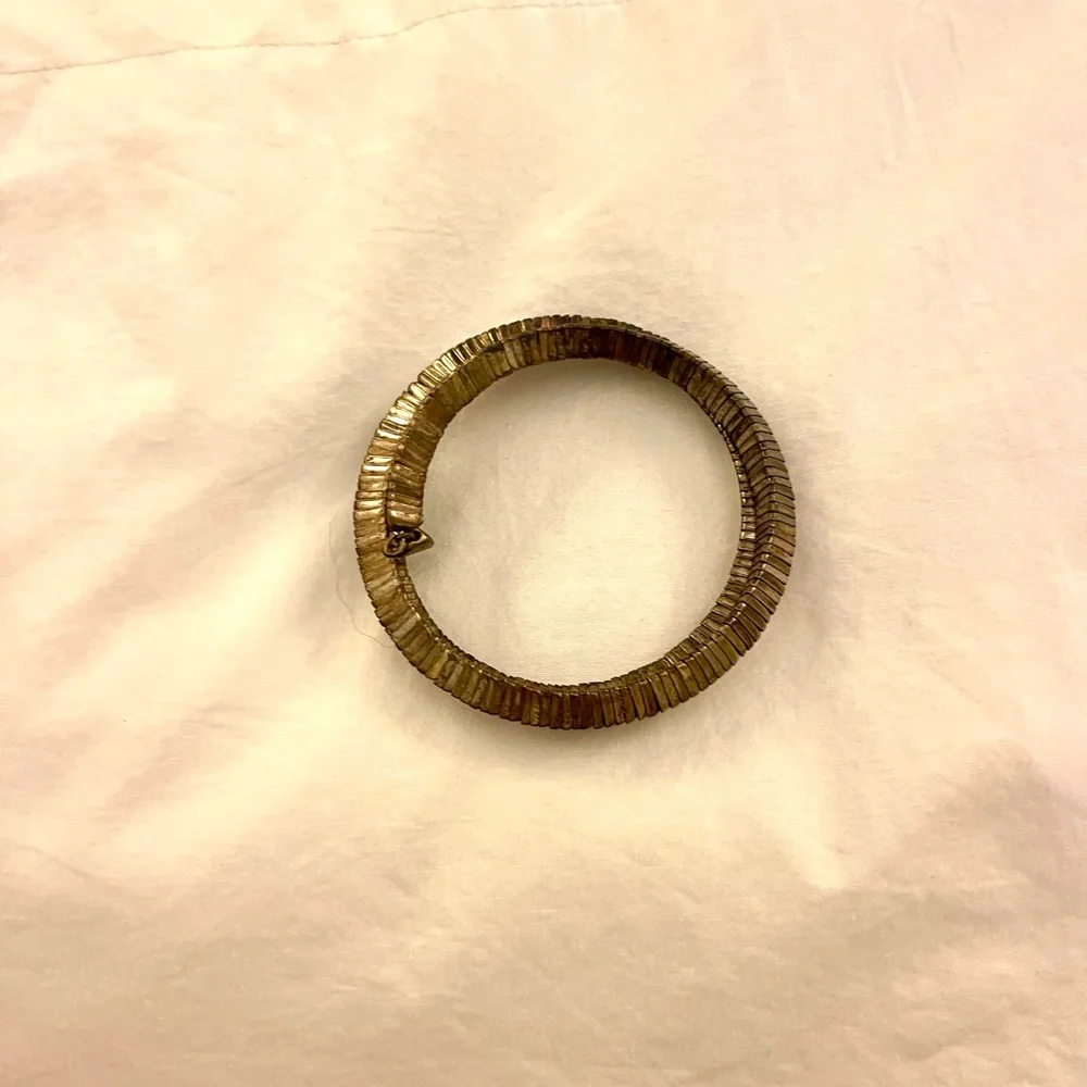 Antique Brass Tone Metal Beaded Wrap Cuff Ribbed Bracelet with Dangle Detail